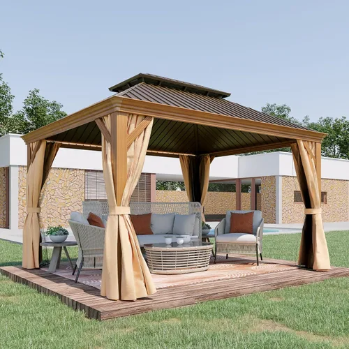 Miniatura 27 de Cenador de techo rígido de 12'x16', Cenador de patio de aluminio para exteriores con toldo de acero galvanizado de doble techo con malla y cortinas