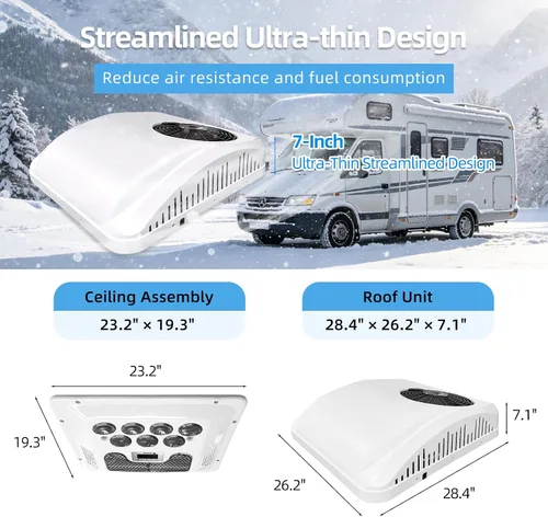 Miniatura 7 de Treeligo Aire acondicionado de 12 V/24 V en la azotea, unidad de aire acondicionado de techo, sin conductos, refrigeración y calefacción 2 en 1