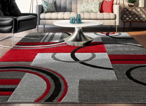 Miniatura 12 de Alfombra de felpa con círculos geométricos grises y rojos de Well Woven - Galaxy Waves (60010), Poliéster & Mezcla de poliéster