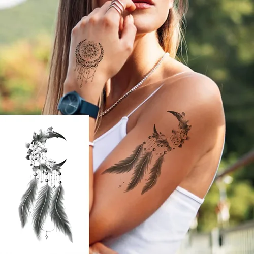 Miniatura 4 de 32 hojas de calcomanías temporales para mujer, diseño de mandala de plumas de henna, tatuajes temporales para mujeres