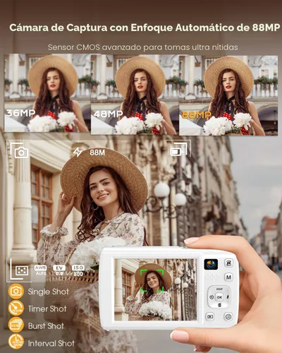 Miniatura 3 de Cámara digital de 88 MP para fotografía, cámara de video WiFi 8K Vlog 2026 para YouTube con pantalla táctil, lente doble, enfoque automático Blanco