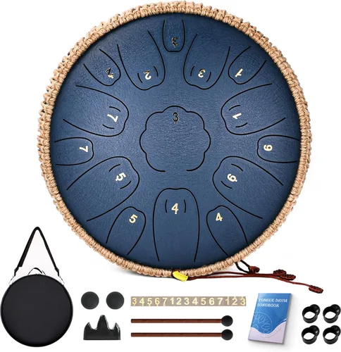 Miniatura 15 de Tambor de Lengua de Acero - 15 Notas Tambor de Acero - Instrumento de Tambor Handpan de 14 Pulgadas con Libro de Música, Mazos para Instrumentos