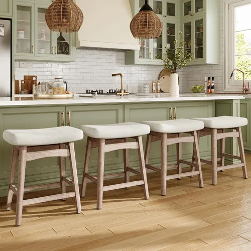 Miniatura 16 de MAISON ARTS Juego de 4 taburetes de bar grises para encimera de cocina, patas de madera maciza con asiento de silla de montar de piel sintética