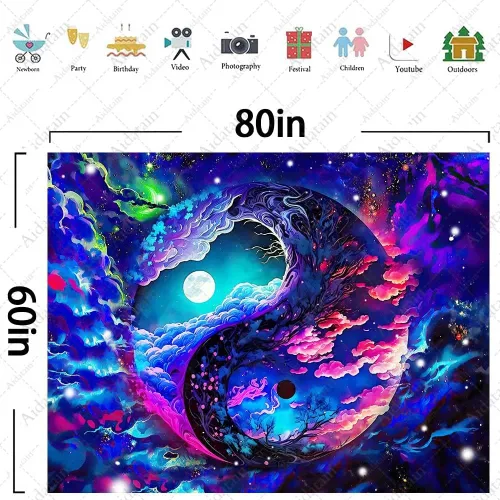 Miniatura 7 de Aidatain Tapiz de cielo colorido de fantasía, luna, nebulosa deslumbrante, Yin y Yang, tapiz de pared, grande de 80 x 60 pulgadas, tela de franela