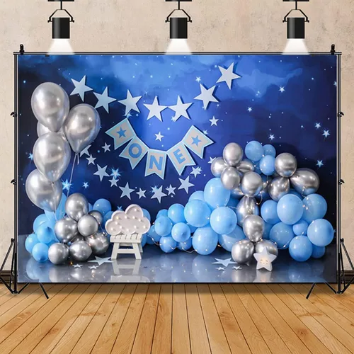 Miniatura 2 de Telón de fondo de 1er cumpleaños con globos azules y plateados, globos azules y plateados, fondo de fiesta de primer cumpleaños para niños recién