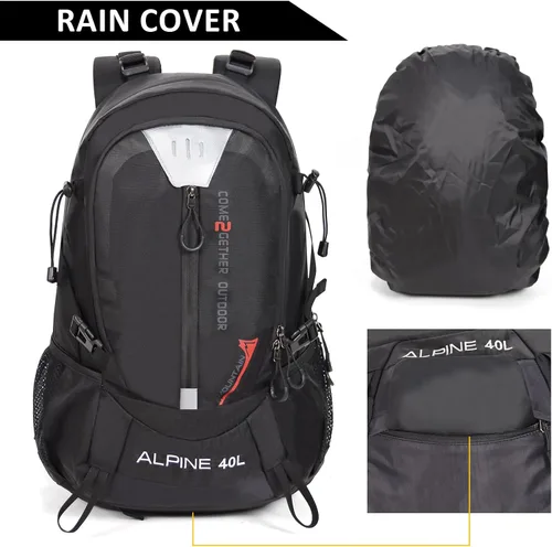Miniatura 5 de Mochila de senderismo para acampar 40L al aire libre, mochila de viaje ligera con cubierta de lluvia para mujeres y hombres (negro)