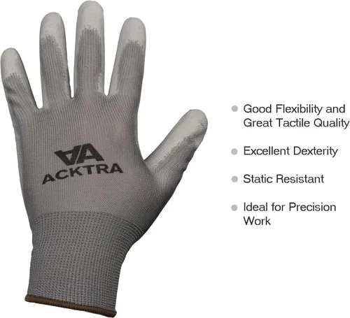 Miniatura 9 de ACKTRA Guantes de trabajo de seguridad ultrafinos de poliuretano 12 pares, WG002 negro/negro, XS