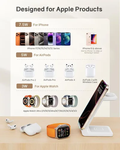 Miniatura 2 de Estación de carga inalámbrica para Apple - Soporte de carga inalámbrica 3 en 1 para reloj y teléfono para Apple Watch 11/8/7/SE/6/5/4/3/2, iPhone 17