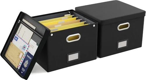 Miniatura 23 de Oterri Caja de archivos colgante con bolsillo de malla, caja organizadora de archivos con tapa, caja organizadora de documentos plegable