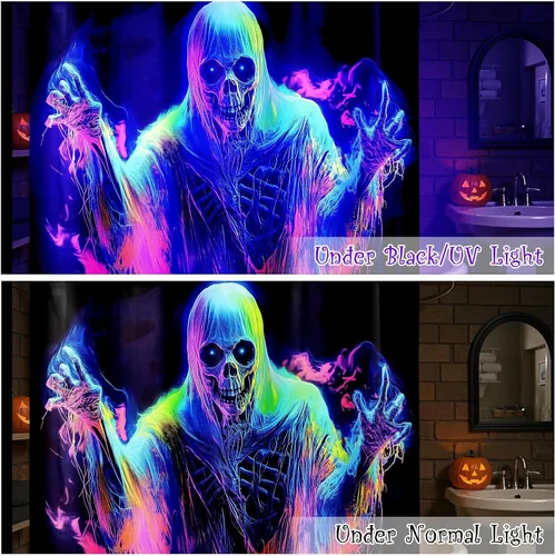 Miniatura 4 de Cortina de ducha de Halloween: juego de cortina de ducha de Halloween con ganchos, decoración de baño aterradora para ventana del hogar, decoración