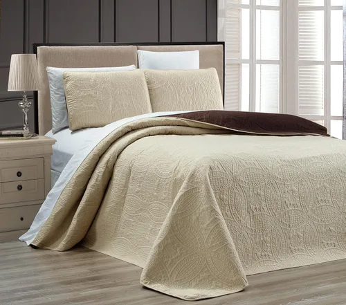 Grand Linen Juego de colcha reversible de 3 piezas de tamaño King con adornos de color marrón chocolate y caqui de 118 x 106 pulgadas