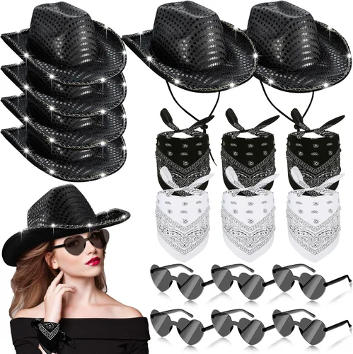 6 Pack Light Cowboy Hat Space Cowgirl Hat Led Flashing Hat with 6 Heart Glasses 6 Paisley Bandanna Western Cowboy Costume