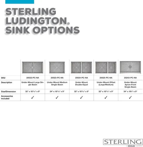 Miniatura 15 de Sterling K-20243-PC-NA Ludington - Fregadero de cocina de 34 pulgadas con montaje inferior con accesorios, lavabo frontal de delantal, acero