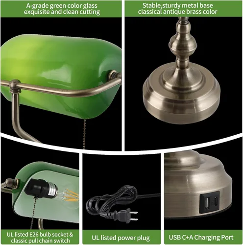 Miniatura 6 de Lámpara de escritorio de banquero de cristal verde, lámparas de escritorio antiguas con puerto de carga USB, lámpara tradicional de biblioteca
