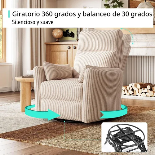 Miniatura 4 de LINSY Silla reclinable giratoria 360, mecedora para guardería con 2 almohadas, silla de enfermería de pana, cómoda silla de enfermería con respaldo