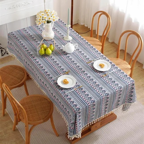 Miniatura 3 de Mantel bohemio de lino de algodón boheniano con borlas para mesas rectangulares, arpillera a rayas, cubierta de mesa de granja resistente a