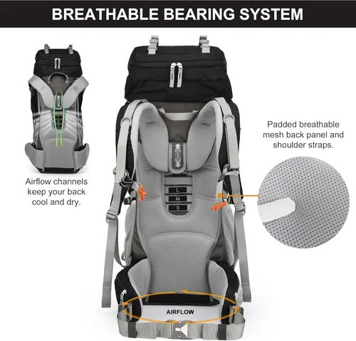 Miniatura 6 de MOUNTAINTOP 70L - Mochila con marco interno para camping, senderismo, mochila para hombres y mujeres con cubierta de lluvia