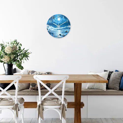 Miniatura 4 de XFM Reloj de pared azul con pilas, 12 pulgadas, silencioso, sin tictac, de cristal, luna, océano, ondas, relojes redondos para decoración de cocina
