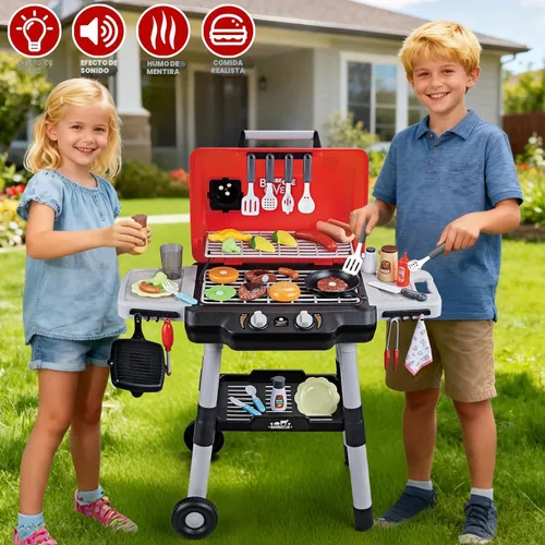 Miniatura 4 de Juguetes de cocina para niños, juego de parrilla de barbacoa para niños con humo, sonido y luz, juguete de barbacoa de 2 niveles con rueda, juguetes