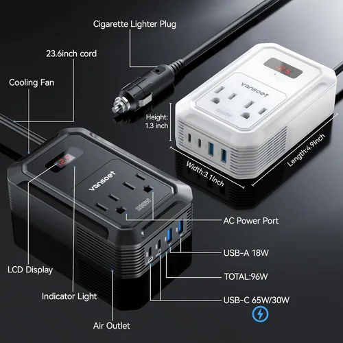 Miniatura 5 de Inversor de energía para automóvil de 200W CC 12V a 110V CA con PD 65W/30W USB C y 2 puertos USB QC 18W y 2 salidas CA, adaptador de enchufe