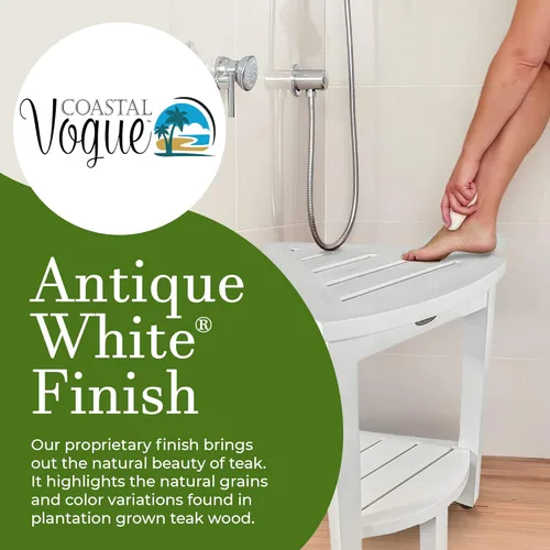 Miniatura 3 de CoastalVogue Snazzy - Banco esquinero de madera de teca con estante esquinero de 15 pulgadas de ancho con acabado blanco antiguo