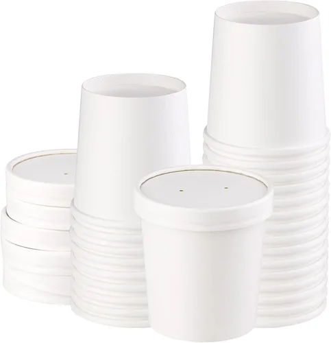 Miniatura 10 de Paquete de 25 recipientes de sopa de 8 onzas con tapas, taza de sopa de papel desechable, recipientes de papel para alimentos con tapas, recipiente