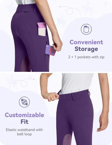 Miniatura 10 de baleaf Pantalones de equitación para niñas, pantalones ecuestres para niños, con parche en la rodilla, bolsillo con cremallera