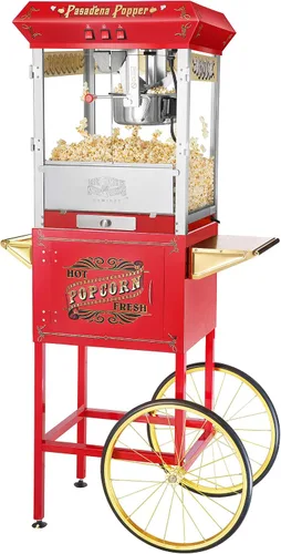 Máquina de palomitas de maíz Pasadena con carrito, hace 3 galones, hervidor de 8 onzas, cajón de viejas sirvientas, bandeja de calentamiento y