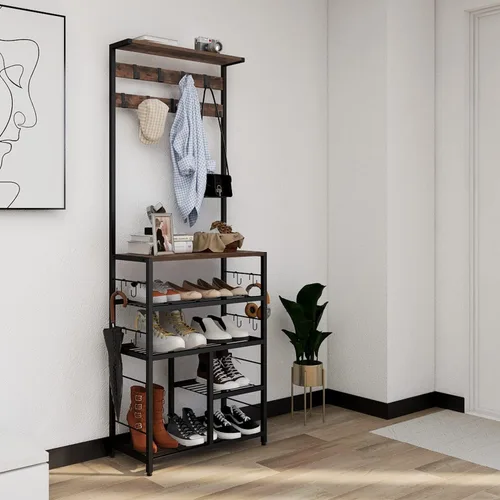 Miniatura 7 de GiftGo Árbol de pasillo grande vintage de 5 niveles con mesa de consola, entrada, perchero de pie para zapatos, estante organizador para el hogar
