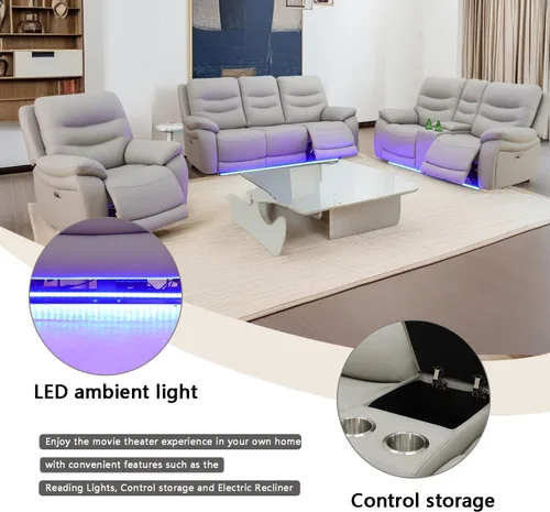 Miniatura 3 de A Ainehome Juego de sofá reclinable eléctrico LED para sala de estar, juego de sofá modular de cuero, sofá reclinable y sofá biplaza con puerto USB