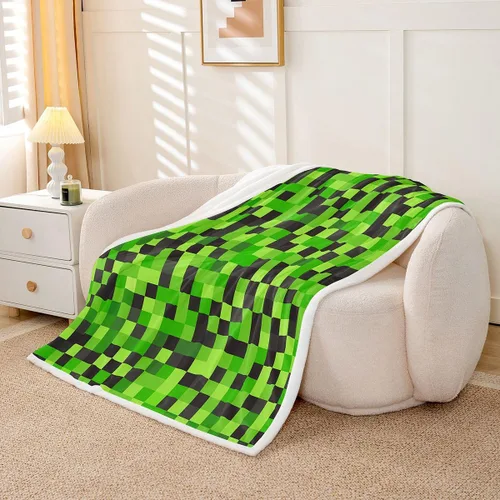 Miniatura 5 de Manfei Miner Style Grid Throw Blanket Green Pixel Shade Plaid Fleece Blanket Modern Geometric Games Cozy Throws for Bed Couch Sofa,Kids Boys Girls