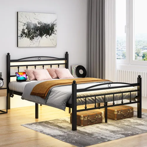 Miniatura 8 de Jenmit Marco de cama tamaño completo con cabecero, marco de cama de plataforma de metal con estación de carga y luces LED, espacio de almacenamiento
