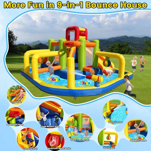 Miniatura 3 de Umbalir Casa inflable de rebote de obstáculos, parque acuático para niños con toboganes de agua, cubo de descarga sorpresa, obstáculos, salto