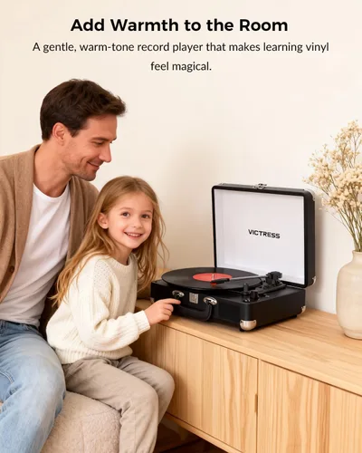 Miniatura 12 de Tocadiscos de vinilo con entrada y salida Bluetooth, tocadiscos portátil vintage de maleta, tocadiscos LP de 3 velocidades con conversión de vinilo