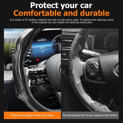 Miniatura 3 de Zpana Funda de fibra de carbono para volante de automóvil, funda de cuero antideslizante para volante de vehículo de 14.5-15 pulgadas, cómodo