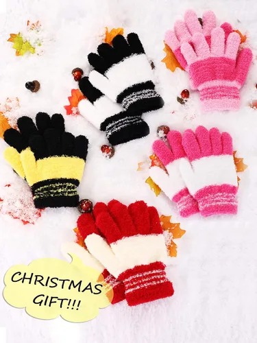 Miniatura 7 de SATINIOR 5 pares de guantes de dedos completos para niños, guantes de punto cálidos guantes de invierno para niños pequeños y niñas, suministros