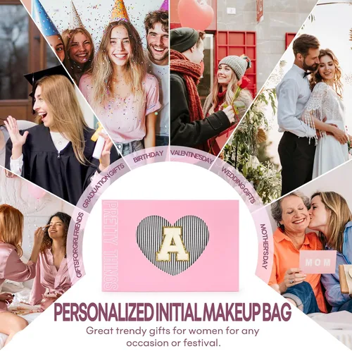 Miniatura 7 de 2 piezas de bolsas de maquillaje iniciales para mujeres: bolsa de cosméticos para viaje y artículos de tocador - Regalos de cumpleaños para niñas