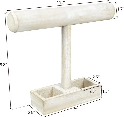 Miniatura 2 de MOOCA Soporte de exhibición ligero de madera para joyas con barra en T con bandeja de almacenamiento de 2 compartimentos para pulseras, relojes
