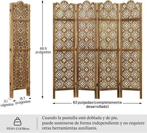 Miniatura 4 de Divisor de habitación plegable de 68.9 pulgadas, 4 paneles de pantallas de privacidad talladas en madera, partición decorativa ideal para el hogar