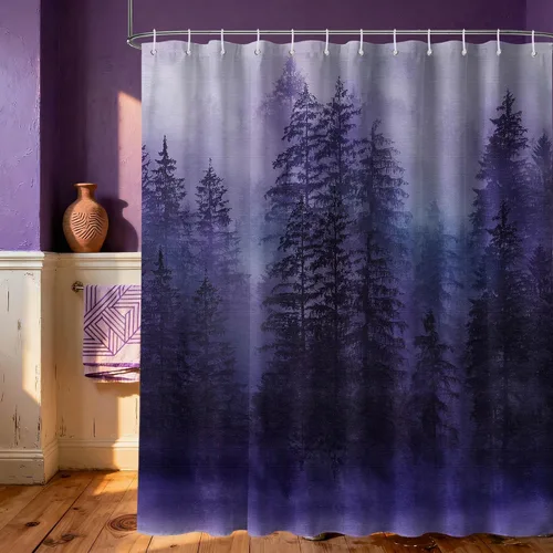 Miniatura 10 de Cortina de ducha estrecha para hombre, diseño de bosque negro y gris, para casa rodante, juego de decoración de baño, tela impermeable con ganchos