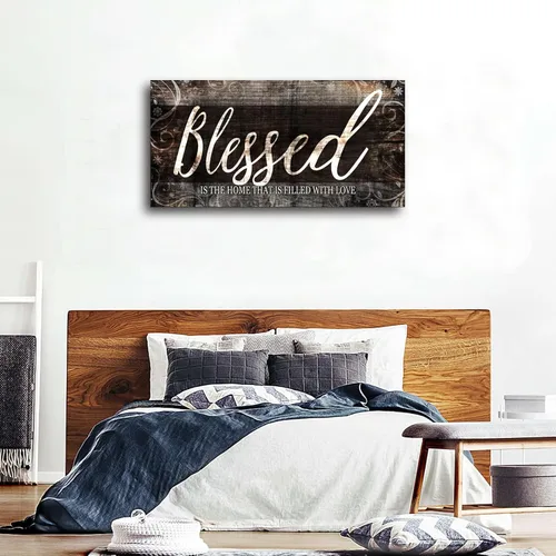 Miniatura 5 de MESESE Arte de pared en lienzo con cita para el hogar bendecido Decoración de pared marrón para sala de estar Blessed is the home Christian Wall