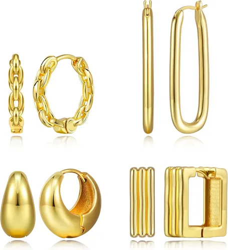 Supneer Aretes de oro pequeños y gruesos para mujer, aretes cuadrados de oro para niñas, chapados en oro de 14 quilates, aretes de aro para regalo,