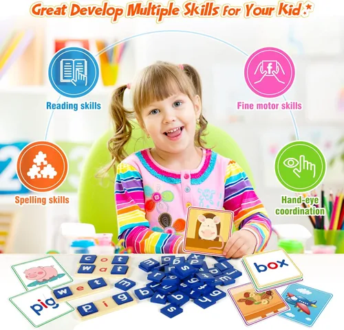 Miniatura 7 de Juguetes de aprendizaje para niños de 3, 4, 5 años - Juego de clasificación y lectura de 116 piezas con letras de vocales cortas, juego