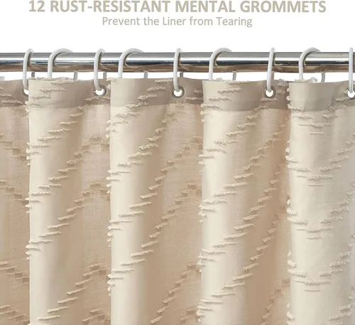 Miniatura 7 de Siiluminisoy Cortina de ducha extralarga hecha de tela tejida, de estilo bohemio, de rayas chevrón y capitoné, color beige, de 72 x 84 pulgadas, A