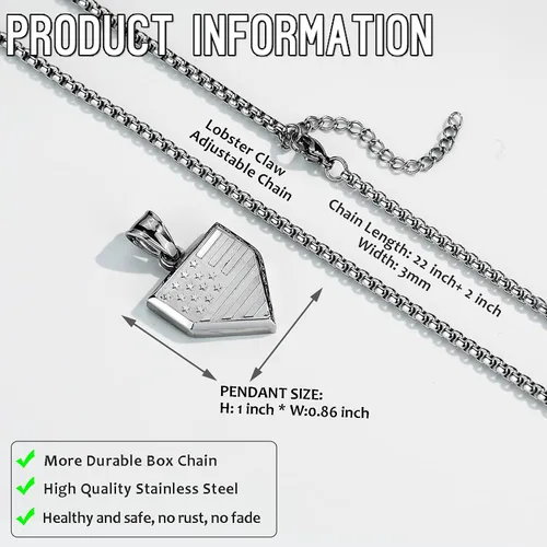 Miniatura 3 de Collar de placa de béisbol para hombre, con colgante de escudo de bandera de Estados Unidos, cadena de acero inoxidable de 22 + 2 pulgadas, joyería