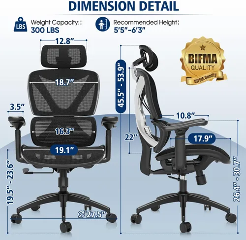 Miniatura 3 de GABRYLLY Silla de oficina ergonómica, silla de malla grande y alta con soporte lumbar, reposabrazos 3D, rotación de 215°, reposacabezas ajustable