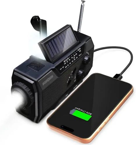 Miniatura 13 de FosPower NOAA Radio meteorológica de emergencia A1 7400 mWh, banco de energía portátil, AM/FM, USB/solar/carga de manivela, funciona