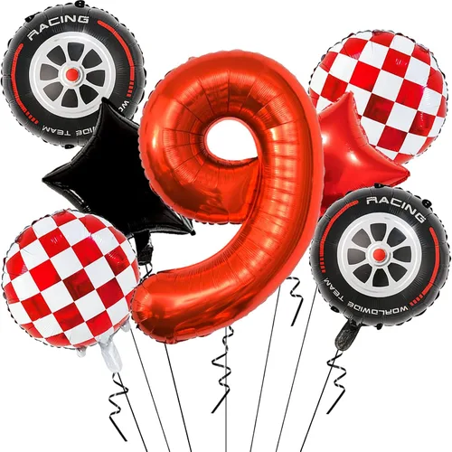 Miniatura 15 de Globos de auto de carreras para decoración de cumpleaños – Globos rojos de Mylar número 1 de 40 pulgadas – Globos rojos de aluminio rojo