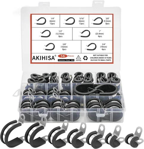 AKIHISA Kit de 56 abrazaderas de cable de 1/4"-1", 7 tamaños, abrazaderas de conducto de acero inoxidable 304, para cable, tubería, manguera, línea