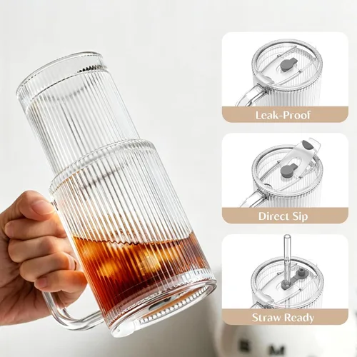 Miniatura 5 de INSETLAN Vaso de vidrio acanalado de 24 onzas con asa y tapa, paquete de 2 tazas grandes para café helado con pajitas, taza de vidrio moderna